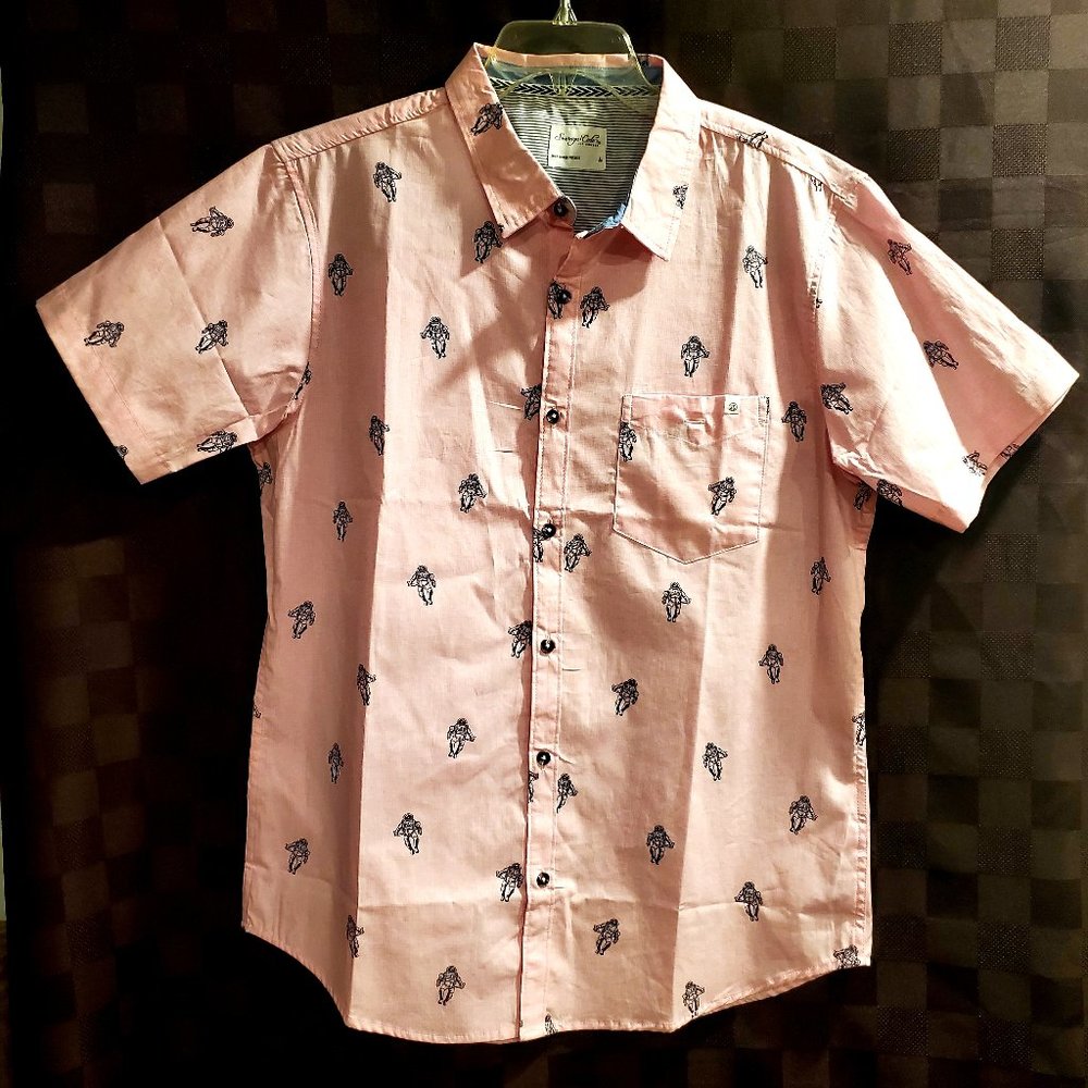 MENS Preppy Casual Printed Dress Shirt Travel Coastal Space Astronauts Pink Gift